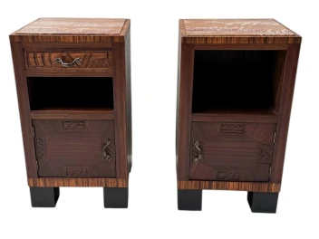 Two Art Deco Nightstands or Bedside Tables with Multi-Colored Marble Tops, 1930s